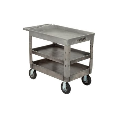 Tray Top Plastic Utility Cart, 3 Shelf, 44Lx25-1/2W, 8 Casters, Gray